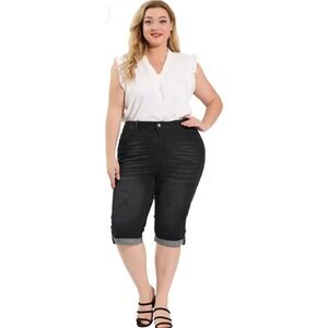 Agnes Orinda Black Denim Cuffed‎ Capri Shorts Plus 3X Rolled Hem Stretchy NWOT